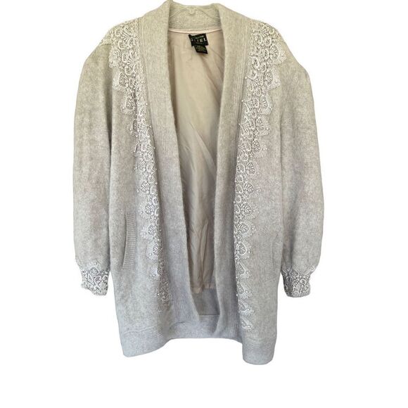 Vintage Gizel Sweater Coat White Beaded Angora Rabbit Hair Cardigan L/XL New - Picture 9 of 13